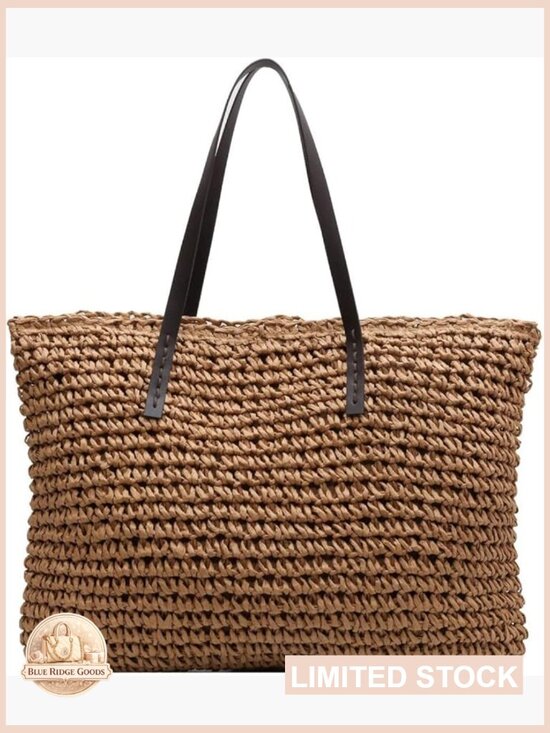 Handbags - Large Straw Tote Bag Handwoven Summer Beach Shoulder Bag Zipper Closure Foldable